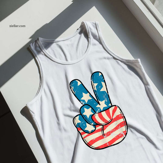 USA Flag Peace Sign Hand 4th of July Patriotic Men Tank Top Shirt Tee