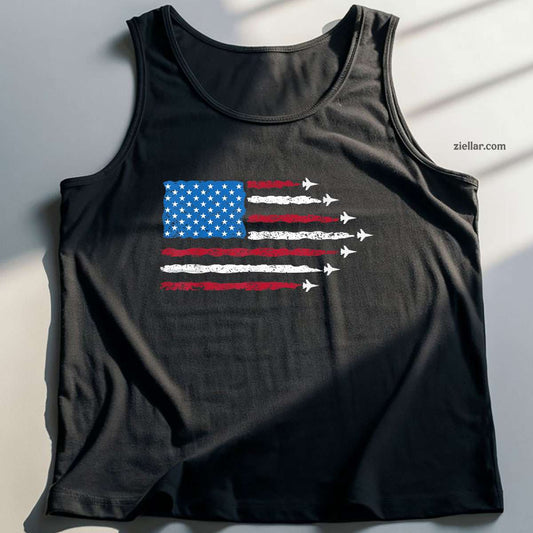 Patriotic Red White Blue USA Flag Fighter Jets 4th of July Tank Top Shirt Tee for Men Women Unisex Limited Edition