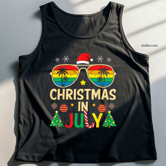 Christmas in July Santa Claus Sunglasses Beach Men Women Tank Top Shirt Funny Christmas in July Tee and Tank Top Shirt for Men Women Adults