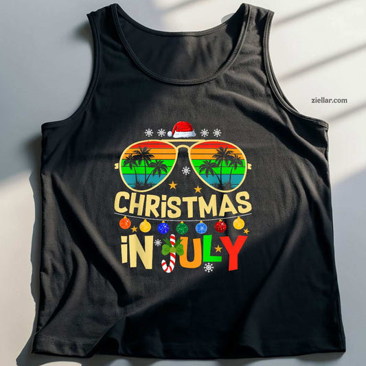Santa Claus Sunglasses Beach Christmas in July Men Women Tank Top Shirt Funny Christmas in July Tee and Tank Top Shirt for Men Women Adults