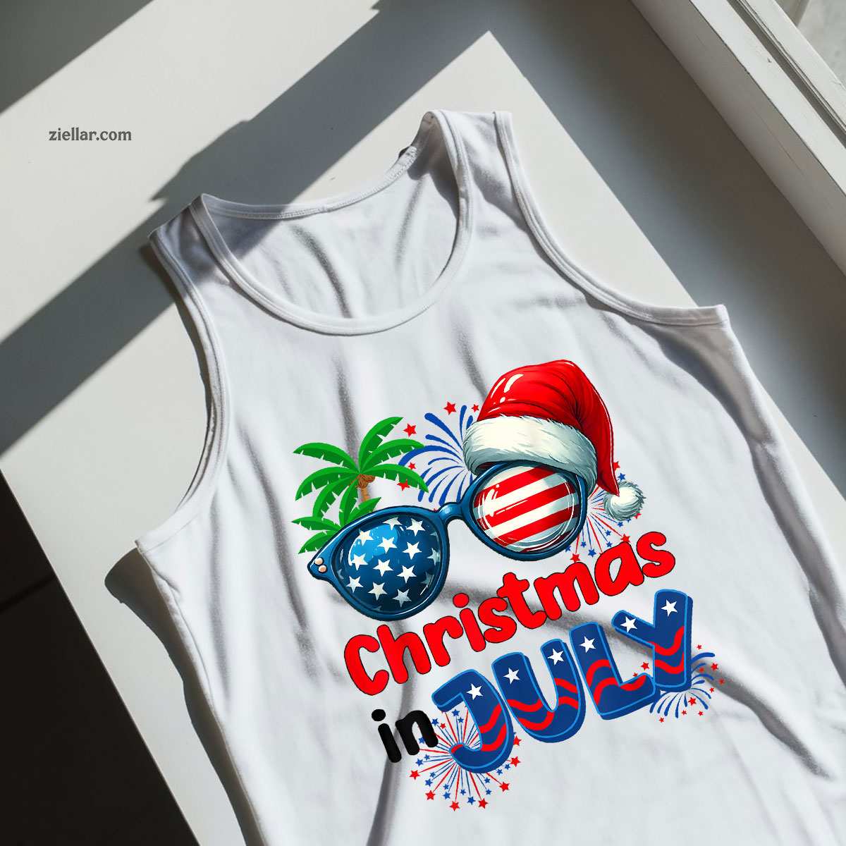 Christmas In July Summer Beach Hawaii Santa USA Flag Mens Tank Top Shirt Funny Christmas in July Tee and Tank Top Shirt for Men Women Adults