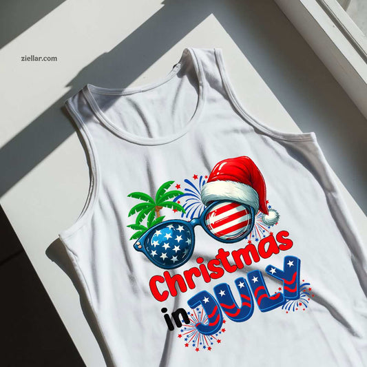 Christmas In July Summer Beach Hawaii Santa USA Flag Mens Tank Top Shirt Funny Christmas in July Tee and Tank Top Shirt for Men Women Adults