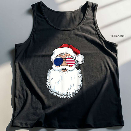Santa Claus Patriotic USA Sunglasses Christmas in July Santa Tank Top Shirt Funny Christmas in July Tee and Tank Top Shirt for Men Women Adults