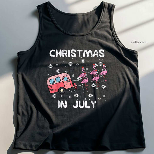 Christmas In July Flamingo Trailer Summer Xmas Camp Camper Tank Top Shirt Funny Christmas in July Tee and Tank Top Shirt for Men Women Adults
