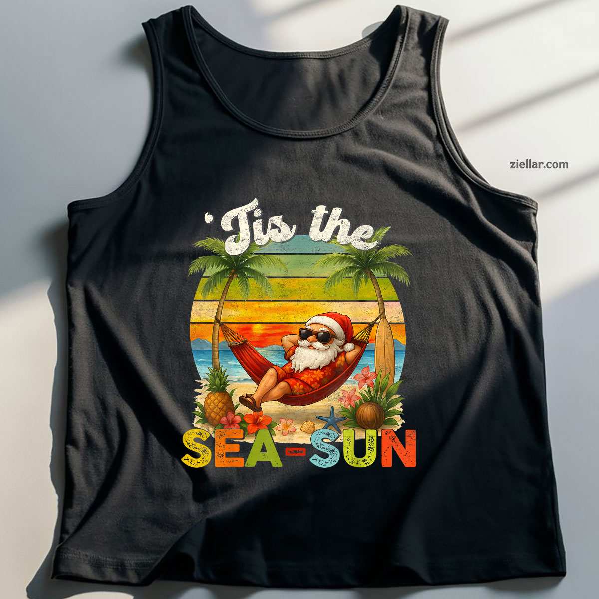 Tis The Sea-Sun Funny Christmas In July Hawaii Santa Beach Tank Top Shirt Funny Christmas in July Tee and Tank Top Shirt for Men Women Adults