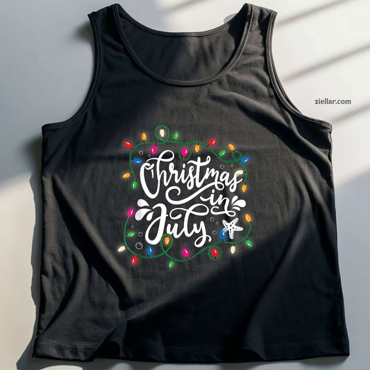 Christmas In July Lights Funny Summer Xmas Men Women Tank Top Shirt Funny Christmas in July Tee and Tank Top Shirt for Men Women Adults