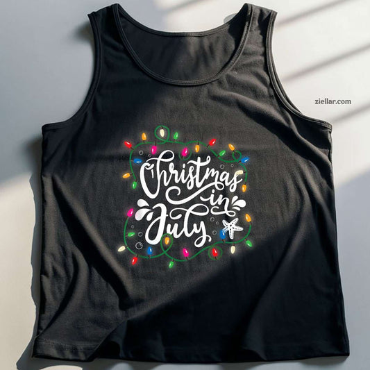 Christmas In July Lights Funny Summer Xmas Men Women Tank Top Shirt Funny Christmas in July Tee and Tank Top Shirt for Men Women Adults