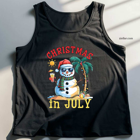 Christmas In July Snowman Summer Beach Vacation Xmas Tank Top Shirt Funny Christmas in July Tee and Tank Top Shirt for Men Women Adults