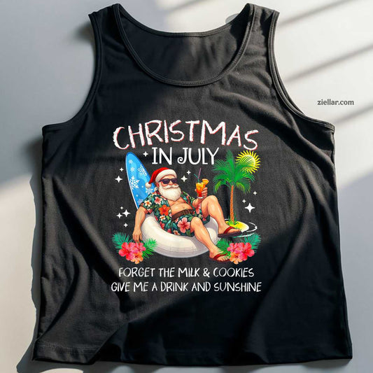 Christmas In July Palm Tree Beach Summer Hawaii Santa Mens Tank Top Shirt Funny Christmas in July Tee and Tank Top Shirt for Men Women Adults