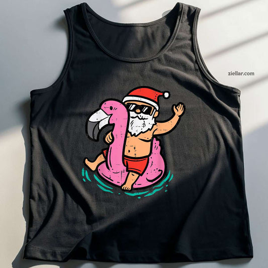 Santa Flamingo Floatie Funny Christmas In July Summer Xmas Tank Top Shirt Funny Christmas in July Tee and Tank Top Shirt for Men Women Adults