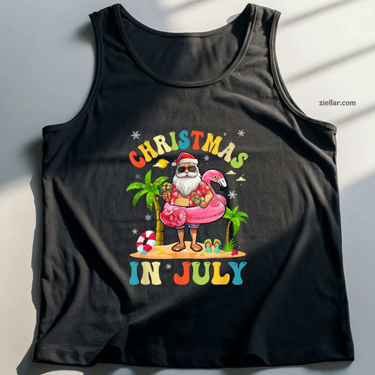 Christmas In July Funny Santa Summer Beach Vacation Tank Top Shirt Funny Christmas in July Tee and Tank Top Shirt for Men Women Adults