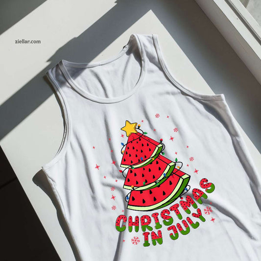 Christmas In July Watermelon Tree Beach Summer Hawaii Gifts Tank Top Shirt Funny Christmas in July Tee and Tank Top Shirt for Men Women Adults