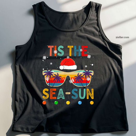 Tis The Sea-Sun Summer Christmas in July Men Women Tank Top Shirt Funny Christmas in July Tee and Tank Top Shirt for Men Women Adults