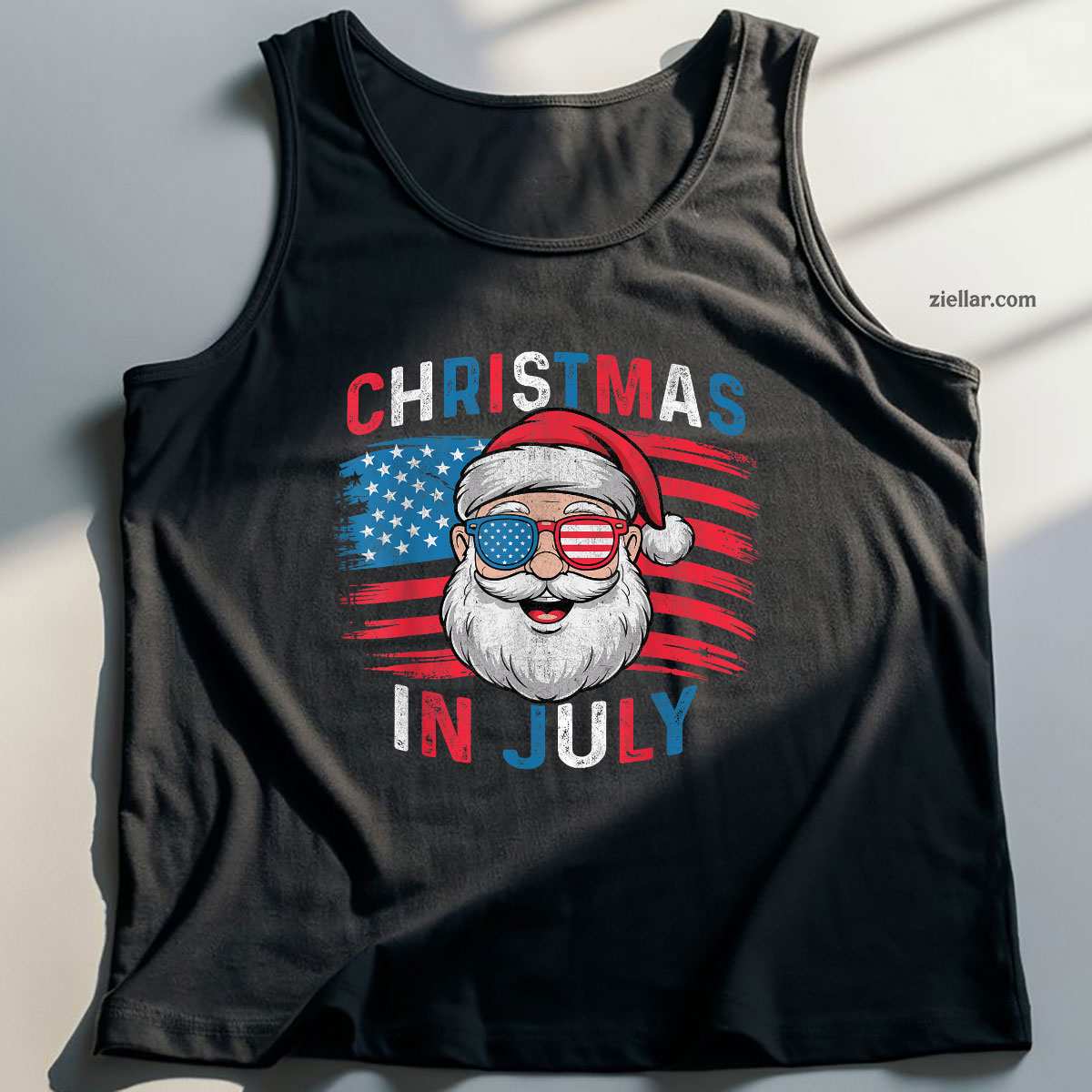 Fourth of July Christmas Us Flag Sunglasses Santa Xmas 2025 Tank Top Shirt Funny Christmas in July Tee and Tank Top Shirt for Men Women Adults