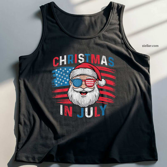 Fourth of July Christmas Us Flag Sunglasses Santa Xmas 2025 Tank Top Shirt Funny Christmas in July Tee and Tank Top Shirt for Men Women Adults