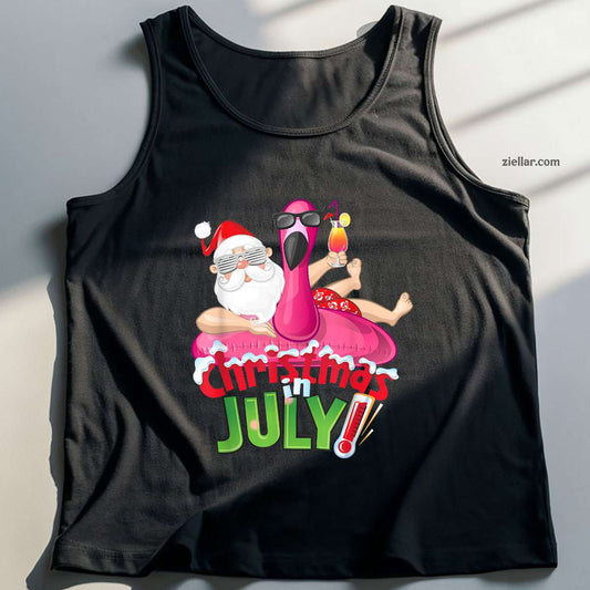 Funny Christmas in July Shirt Summer Flamingo Float Xmas Tank Top Shirt Funny Christmas in July Tee and Tank Top Shirt for Men Women Adults