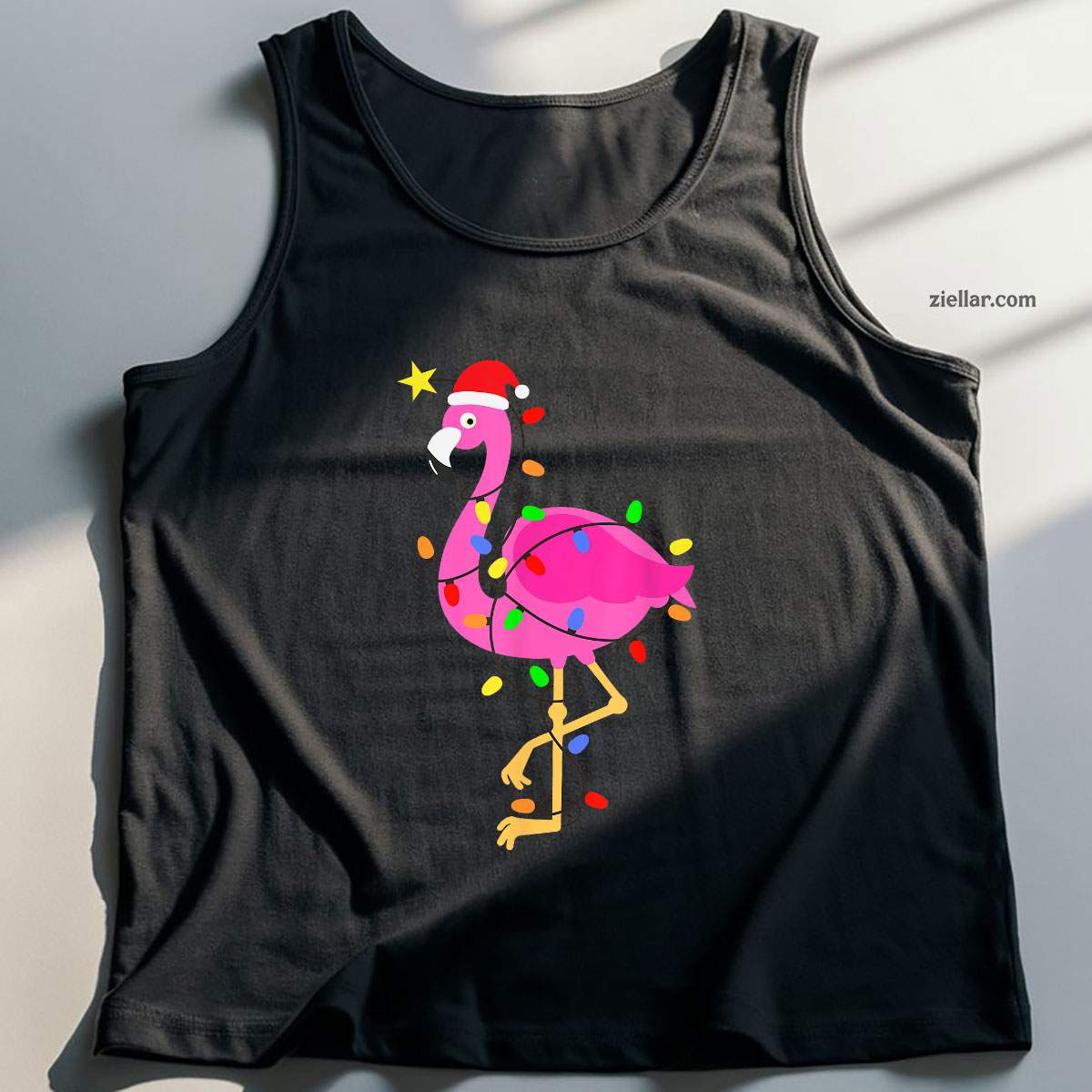 Funny Pink Flamingo in Santa Hat Christmas in July Men Women Tank Top Shirt Funny Christmas in July Tee and Tank Top Shirt for Men Women Adults