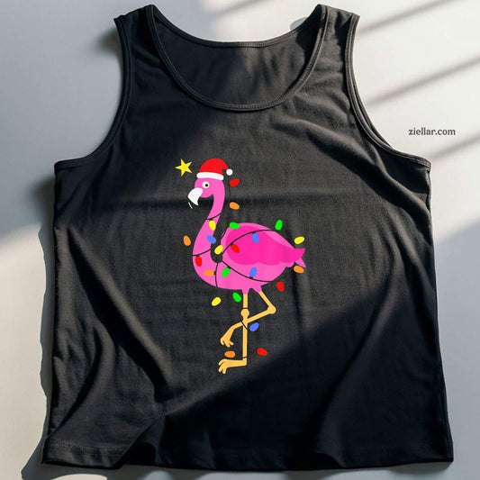 Funny Pink Flamingo in Santa Hat Christmas in July Men Women Tank Top Shirt Funny Christmas in July Tee and Tank Top Shirt for Men Women Adults