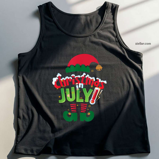 Funny Christmas in July Shirt Summer Elf Santa Xmas Tank Top Shirt Funny Christmas in July Tee and Tank Top Shirt for Men Women Adults