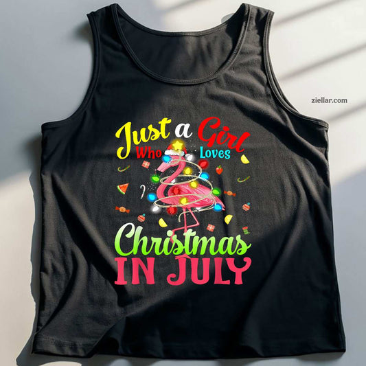 Just A Girl Who Loves Christmas In July Flamingo Girl Tank Top Shirt Funny Christmas in July Tee and Tank Top Shirt for Men Women Adults