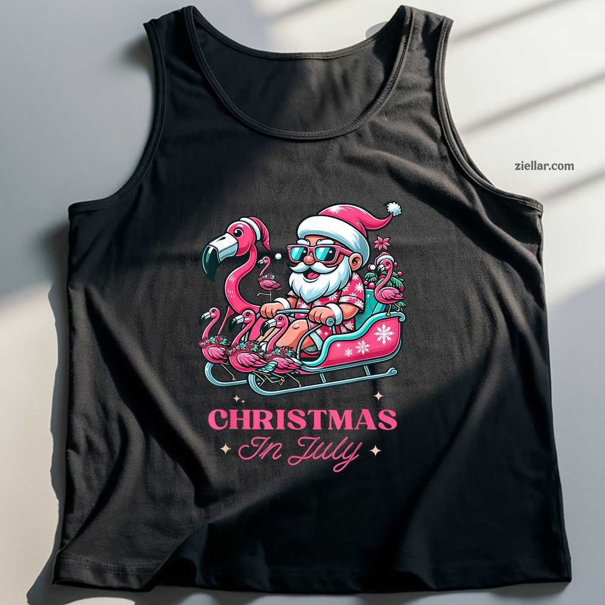 Funny Christmas in July Summer Santa Flamingo Sleigh Xmas Tank Top Shirt Funny Christmas in July Tee and Tank Top Shirt for Men Women Adults
