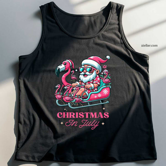 Funny Christmas in July Summer Santa Flamingo Sleigh Xmas Tank Top Shirt Funny Christmas in July Tee and Tank Top Shirt for Men Women Adults