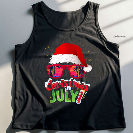 Funny Christmas in July Shirt Summer Santa Sunglasses Xmas Tank Top Shirt Funny Christmas in July Tee and Tank Top Shirt for Men Women Adults
