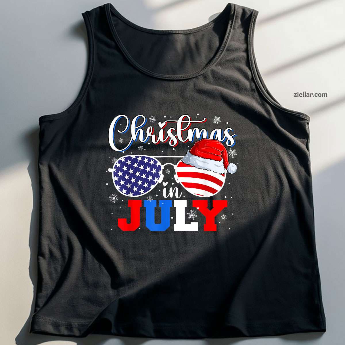 Christmas In July Santa Hat Sunglasses USA Flag 4th of July Tank Top Shirt Funny Christmas in July Tee and Tank Top Shirt for Men Women Adults