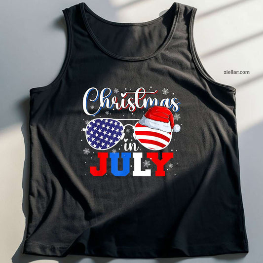 Christmas In July Santa Hat Sunglasses USA Flag 4th of July Tank Top Shirt Funny Christmas in July Tee and Tank Top Shirt for Men Women Adults
