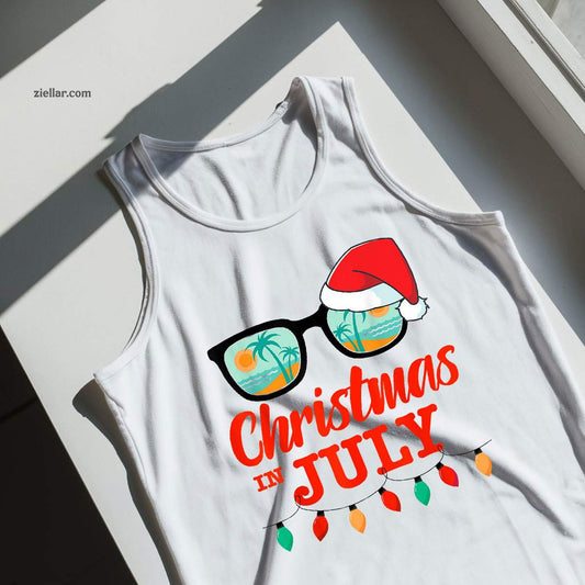 Christmas in july with sunglasses santa hat for summer xmas Tank Top Shirt Funny Christmas in July Tee and Tank Top Shirt for Men Women Adults