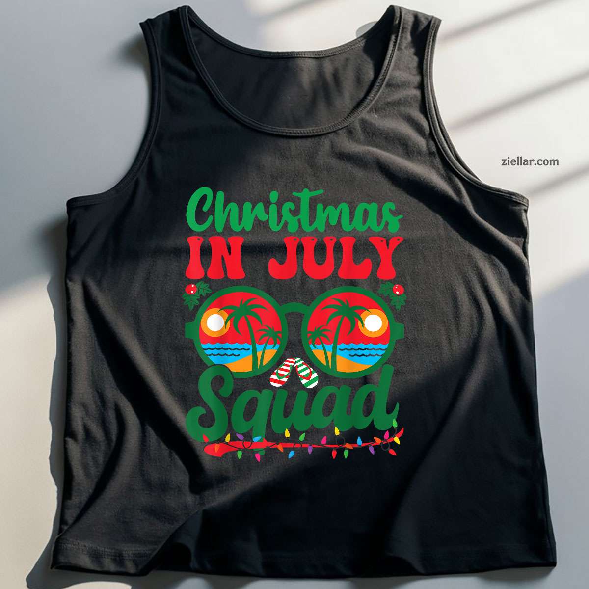 Christmas In July Squad Retro Sunglass Palm Tree Summer Xmas Tank Top Shirt Funny Christmas in July Tee and Tank Top Shirt for Men Women Adults