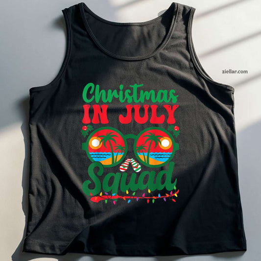 Christmas In July Squad Retro Sunglass Palm Tree Summer Xmas Tank Top Shirt Funny Christmas in July Tee and Tank Top Shirt for Men Women Adults