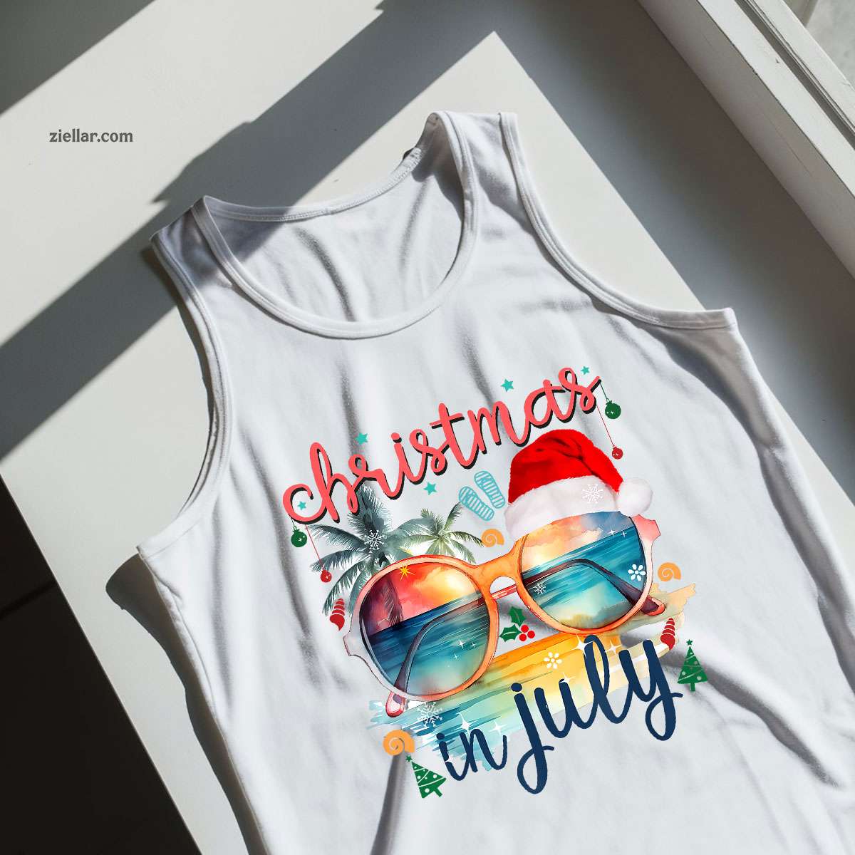 Sunglasses Christmas in July Santa Hat Summer Vacation cute Tank Top Shirt Funny Christmas in July Tee and Tank Top Shirt for Men Women Adults