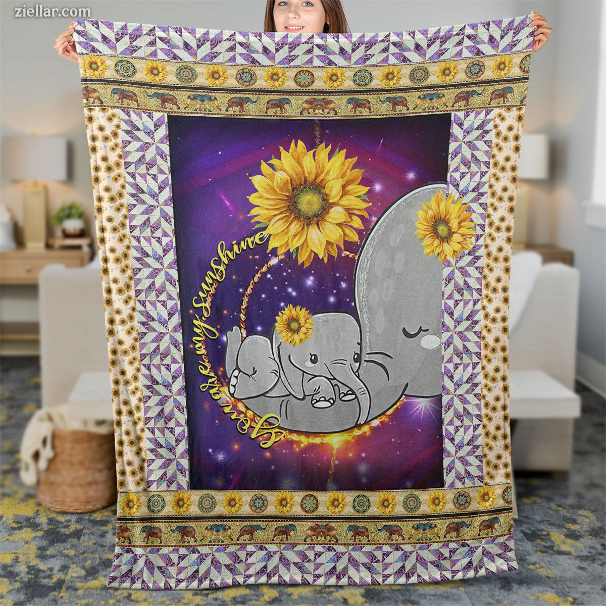 To My Mom Quilt Blanket, Fleece Blanket Gift with Elephants, Sunflowers and Love Message