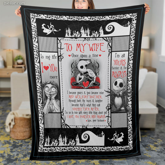 To My Wife Quilt Blanket, Fleece Blanket Gift with Skulls, Roses and Gothic Love Message