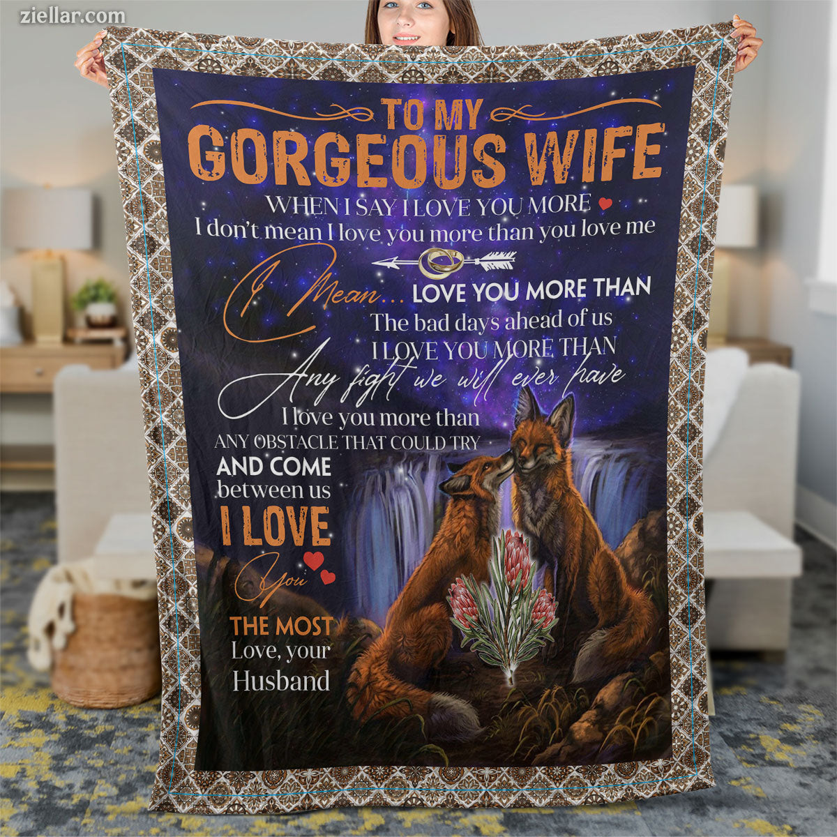 To My Gorgeous Wife Quilt Blanket, Fleece Blanket Gift with Bears and Deep Love Message