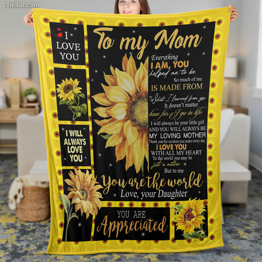 To My Mom Quilt Blanket, Fleece Blanket Gift with Sunflowers and Appreciation Poem