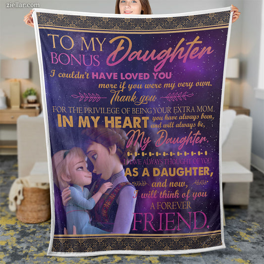 To My Bonus Daughter Quilt Blanket, Fleece Blanket with Frozen-Inspired Hug and Message