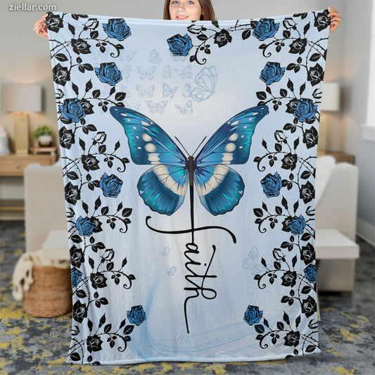 Blue Butterfly Quilt Blanket, Fleece Blanket with Floral Accents and Hope-Inspired Design