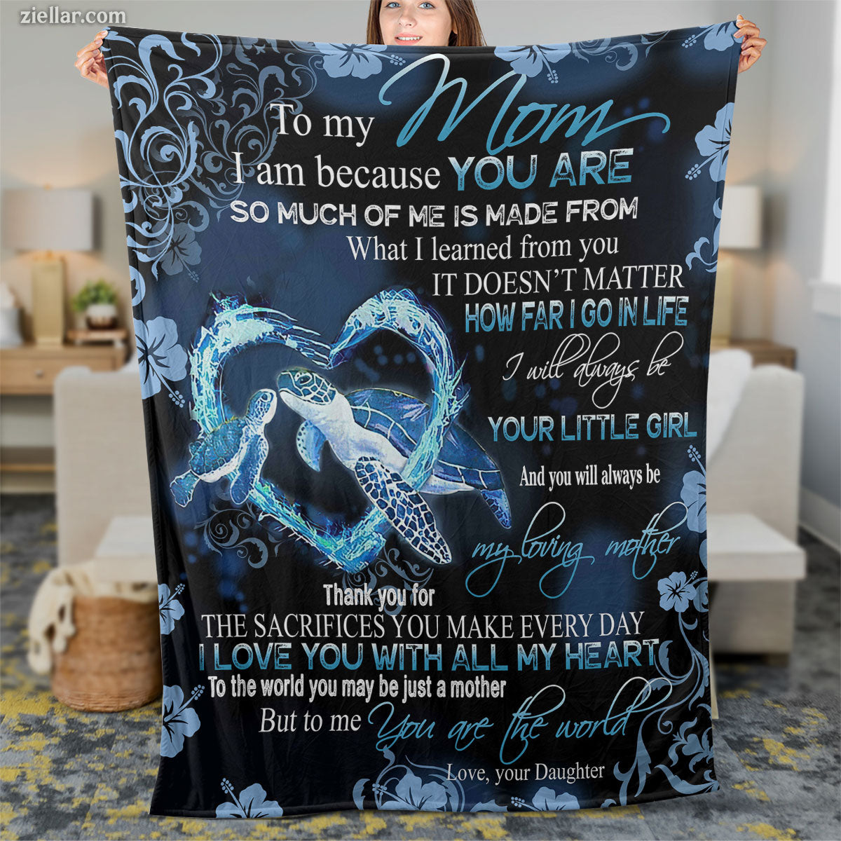 To My Mom Quilt Blanket, Fleece Blanket from Daughter with Seahorse and Loving Words