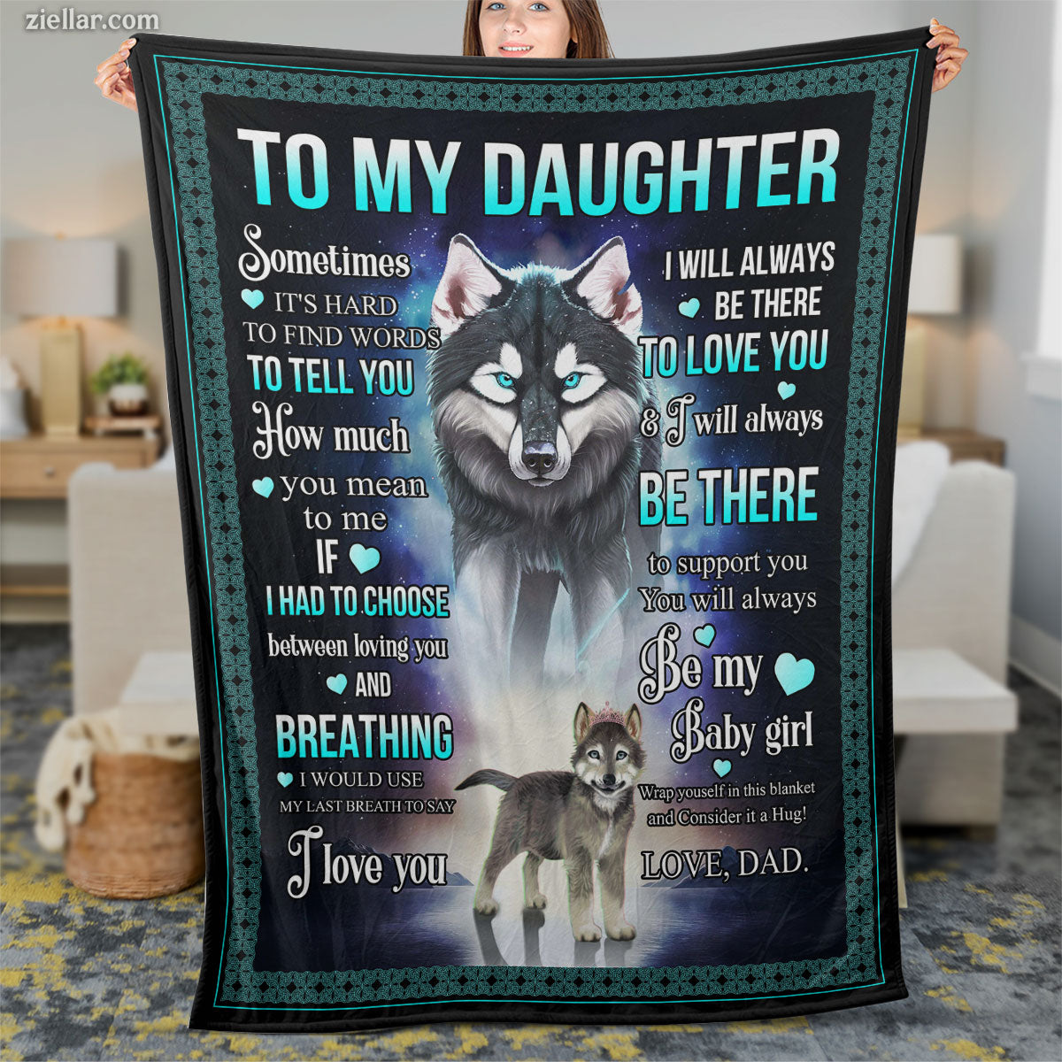 To My Daughter Quilt Blanket, Fleece Blanket with Wolves, Stars and Father’s Message
