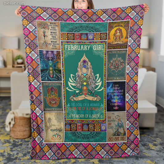 February Girl Quilt Blanket, Fleece Blanket with Zodiac Lotus and Motivational Sayings