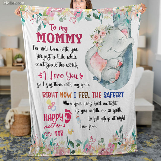 To My Mommy Quilt Blanket, Fleece Blanket with Baby Elephant and Touching Love Letter