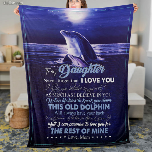 To My Daughter Quilt Blanket, Fleece Blanket with Dolphin, Ocean Sunset and Heartfelt Quote