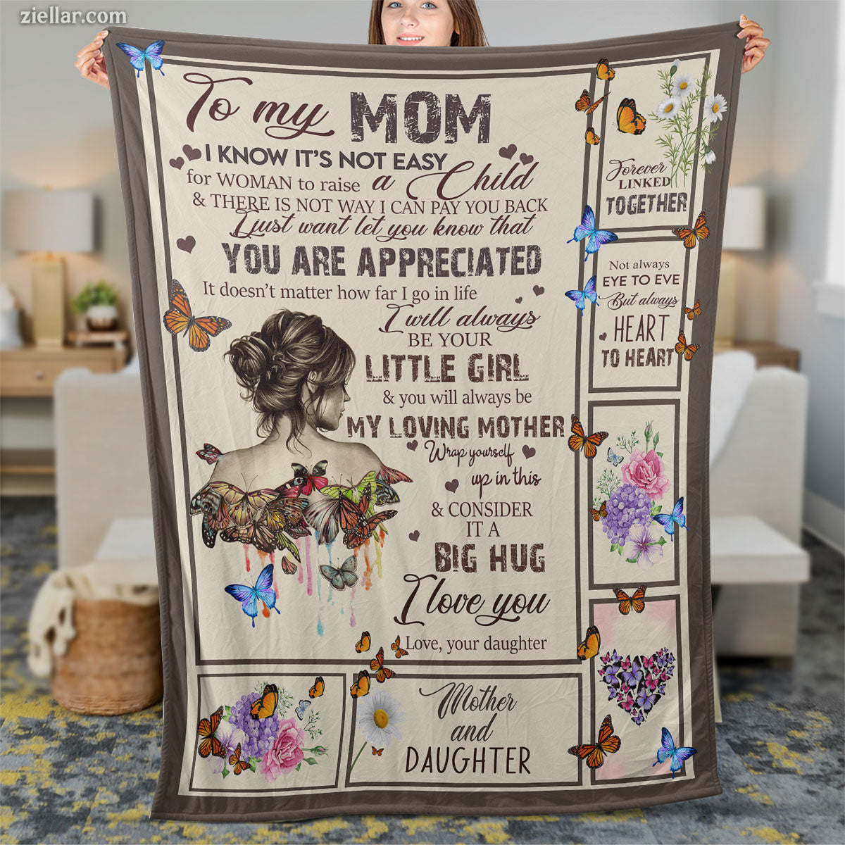 To My Mom Quilt Blanket, Fleece Blanket Gift from Daughter with Floral and Horse Design