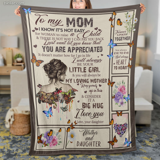 To My Mom Quilt Blanket, Fleece Blanket Gift from Daughter with Floral and Horse Design
