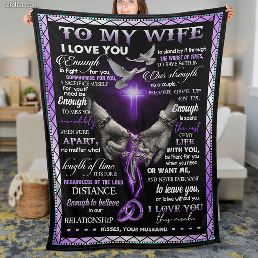 To My Wife Quilt Blanket, Fleece Blanket Gift with Purple Heart and Romantic Vow