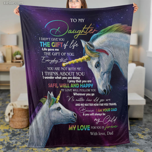 To My Daughter Quilt Blanket, Fleece Blanket Gift with Unicorns and Starry Sky Theme