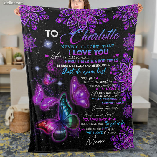 To Charlotte Quilt Blanket, Fleece Blanket with Purple Mandala and Butterfly Artwork