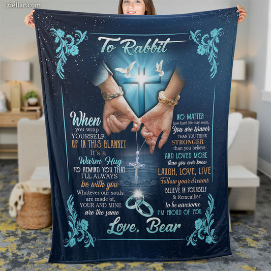 To Rabbit Quilt Blanket, Fleece Blanket with Holding Hands and Blue Floral Border